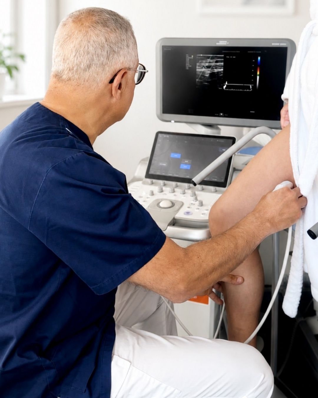 Patient hos Venous Centre inför behandling av åderbråck